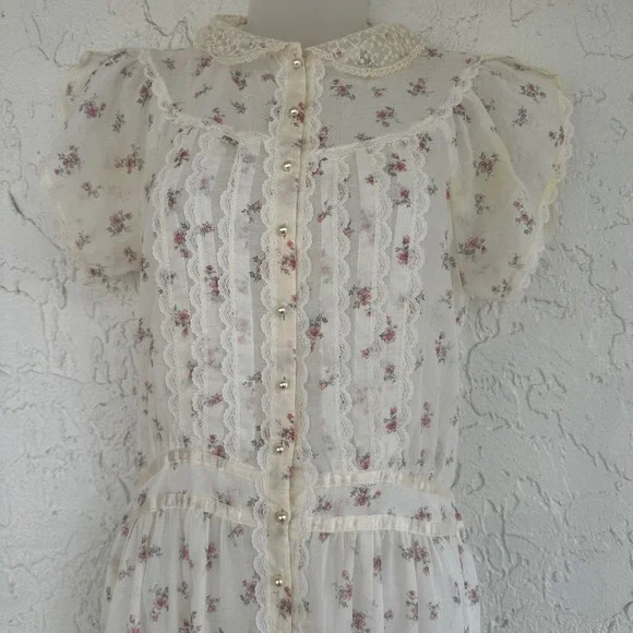 Gunne Sax Jessica McClintock Vintage 70's Dress‎ Women 7 Floral Lace Prairie - Picture 4 of 11
